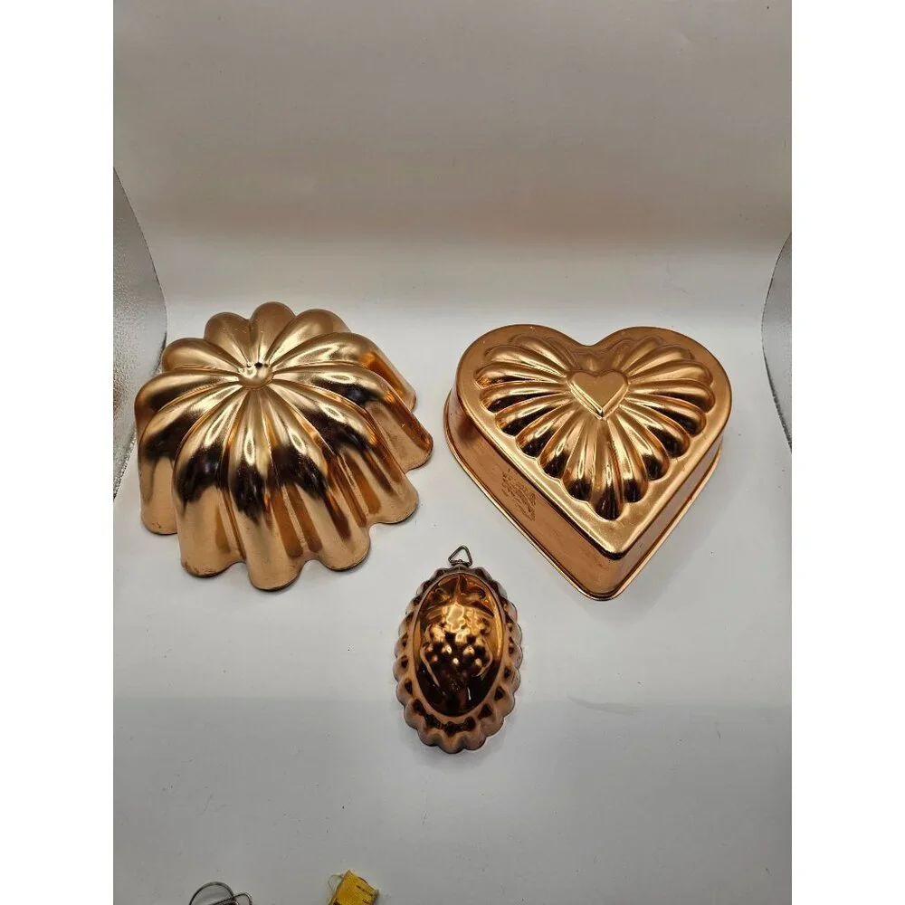 Vintage Copper Molds Set Of 3 With Floral Heart & Grape Designs For Kitchen Deco